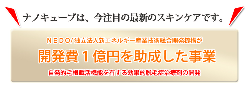 ナノキューブは、今注目の最新のスキンケアです。ＮＥＤＯ/独立法人新エネルギー産業技術総合開発機構が開発費１億円を助成した事業自発的毛根賦活機能を有する効果的脱毛症治療剤の開発