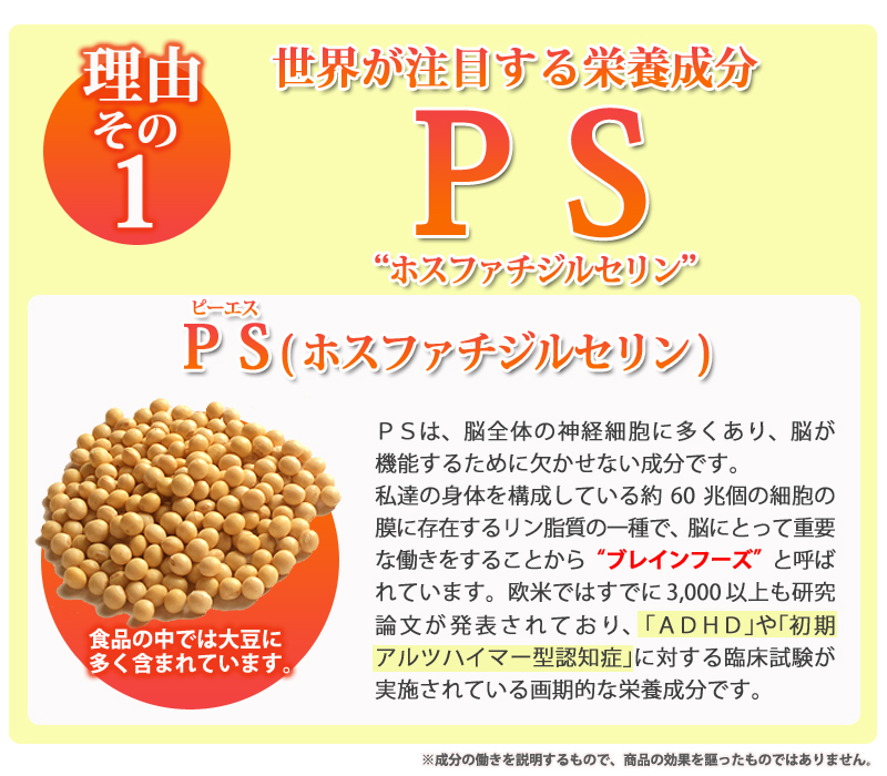 ＰＳは、脳全体の神経細胞に多くあり、脳が機能するために欠かせない成分です。私達の身体を構成している約60兆個の細胞の膜に存在するリン脂質の一種で、脳にとって重要な働きをすることから“ブレインフーズ”と呼ばれています。欧米ではすでに3,000以上も研究論文が発表されており、｢ＡＤＨＤ｣や｢初期アルツハイマー型認知症｣に対する臨床試験が実施されている画期的な栄養成分です。