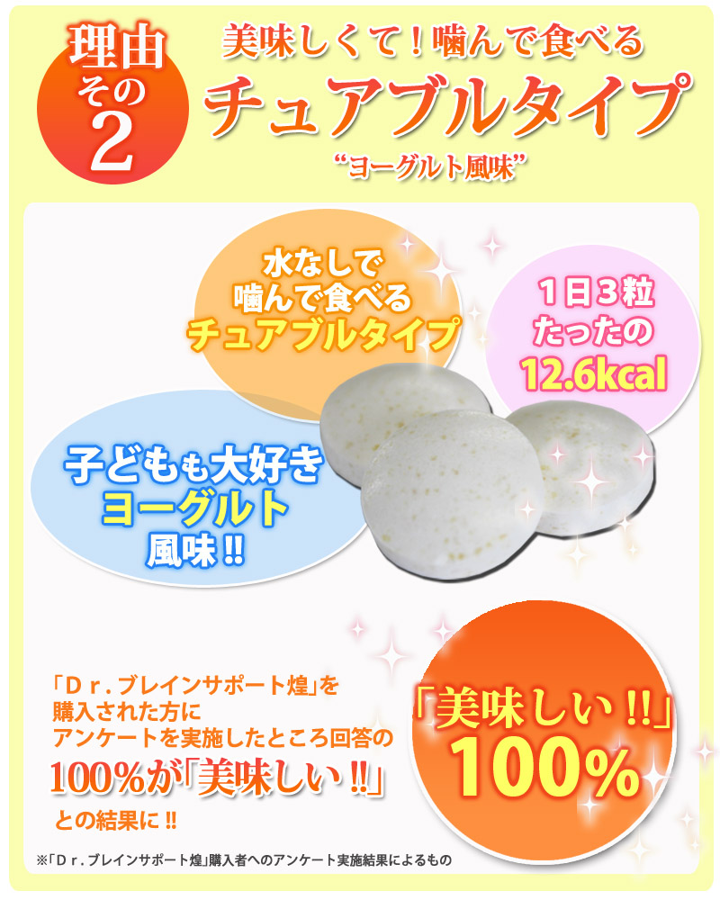 わけその２美味しくて！噛んで食べるチュアブルタイプ“ヨーグルト風味”